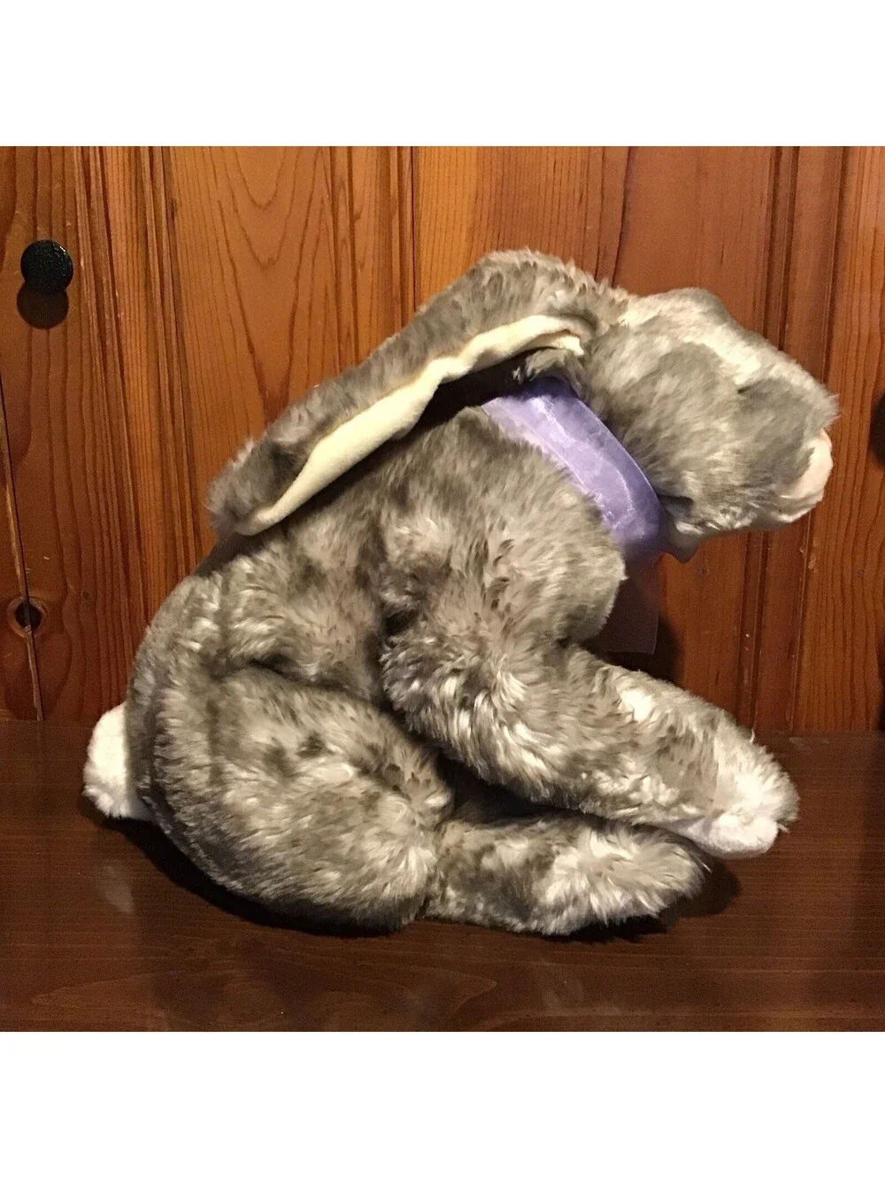 Vintage Caltoy Gray White Easter Bunny Plush Fluffy Frosted Ribbon 15